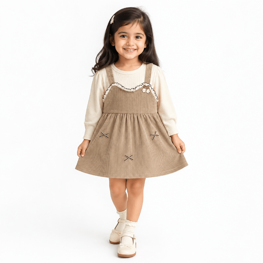 Girls Imported Frock | Pink, Brown & White | Ages 18M-5 Years