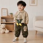 Imported Boys Cotton Co-ord Set | Cream, Grey & Green | Ages 9-12M to 2-3Y