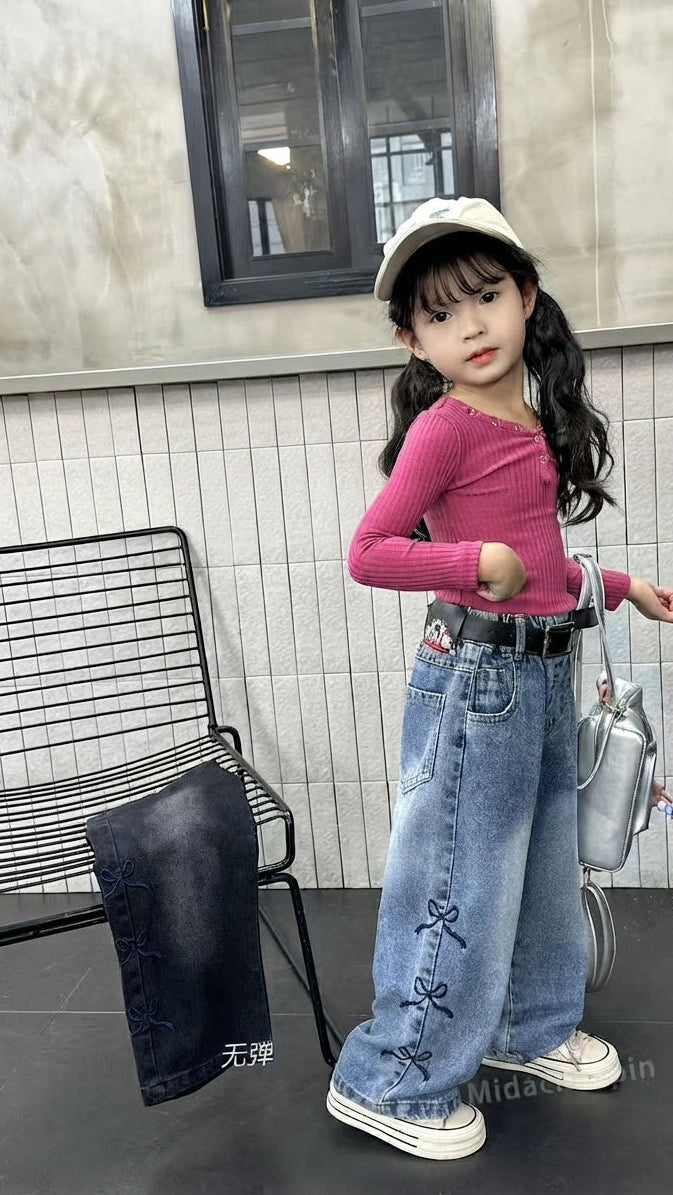Zooppy Signature Bow-Embellished Wide-Leg Denim