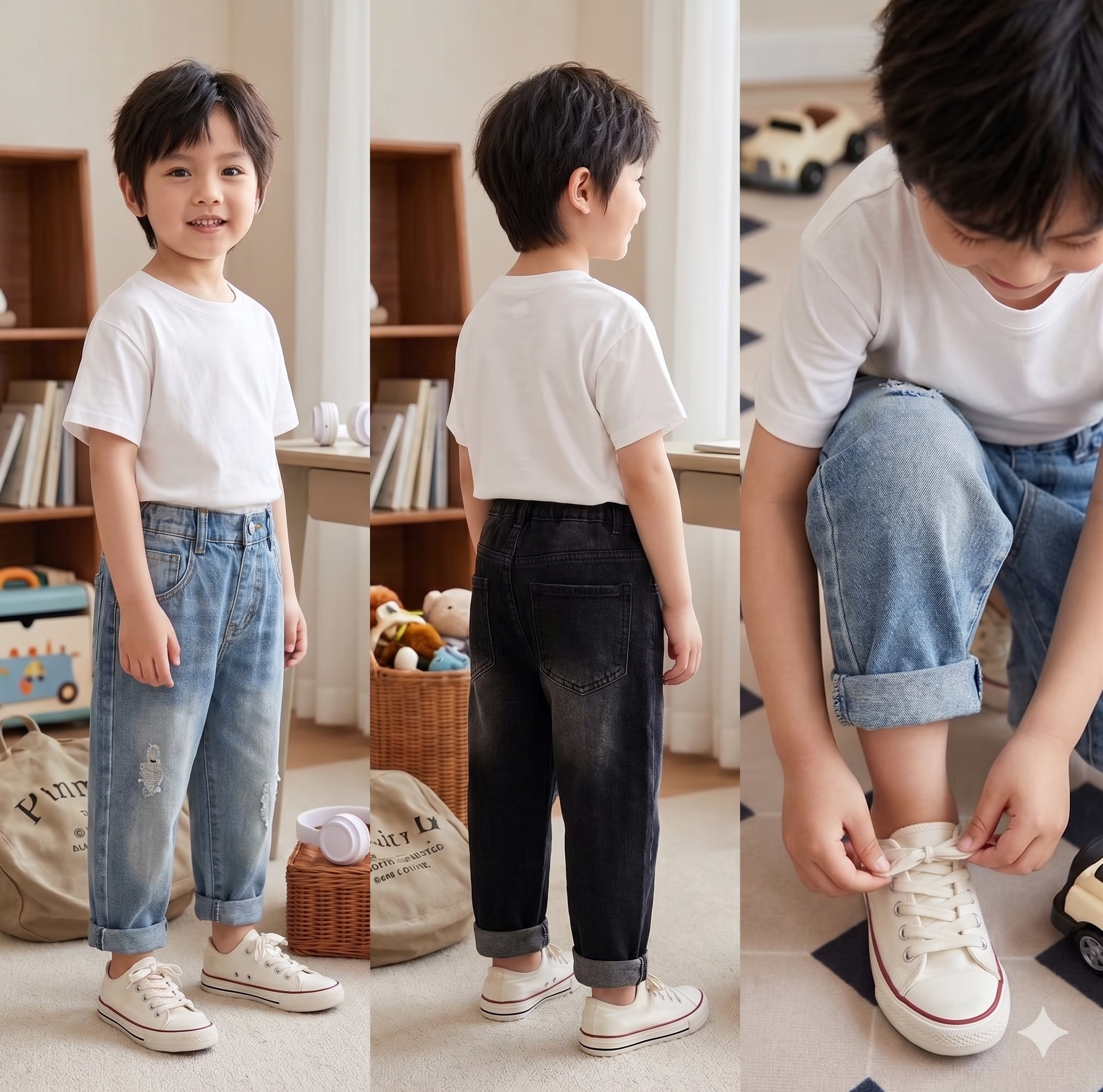 Boys Vintage Washed Ripped Jeans – Korean Style Mid-Rise Elastic Waistband | Kids Denim