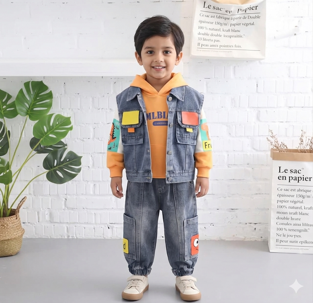 Boys 3-Piece Denim Hooded Suit | Casual Patchwork Cotton Kids Set for Autumn & Winter