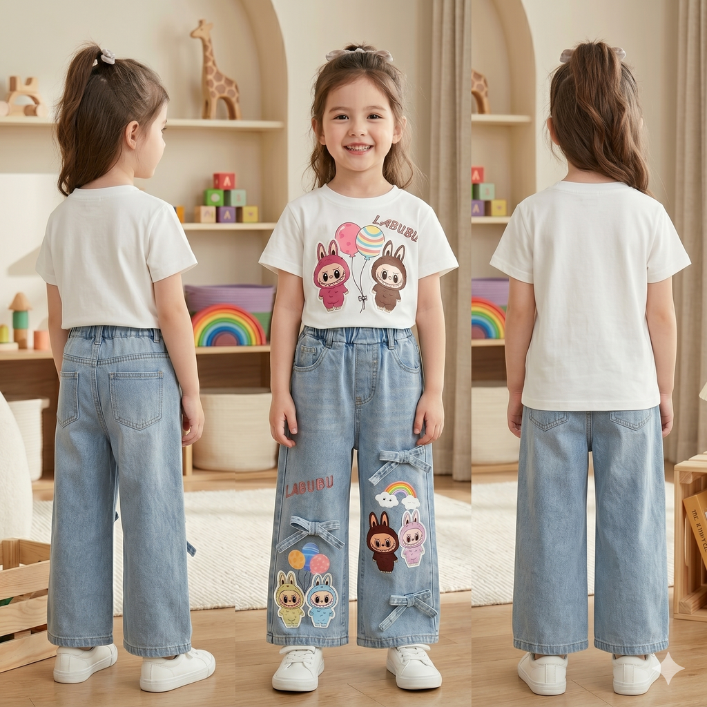 Girls Cartoon Print T-Shirt & Jeans 2-Piece Set | Spring Summer Casual Outfit (2–5Y)
