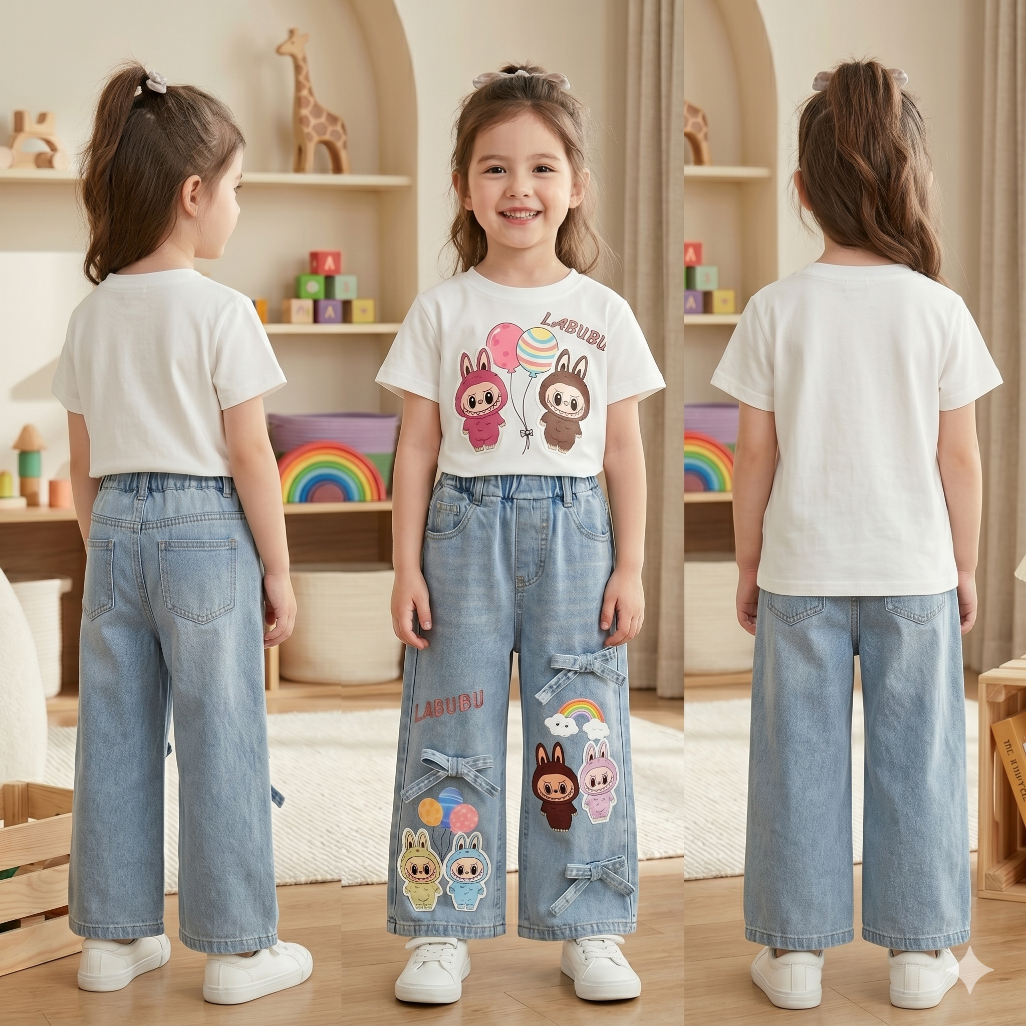 Girls Cartoon Print T-Shirt & Jeans 2-Piece Set | Spring Summer Casual Outfit (2–5Y)