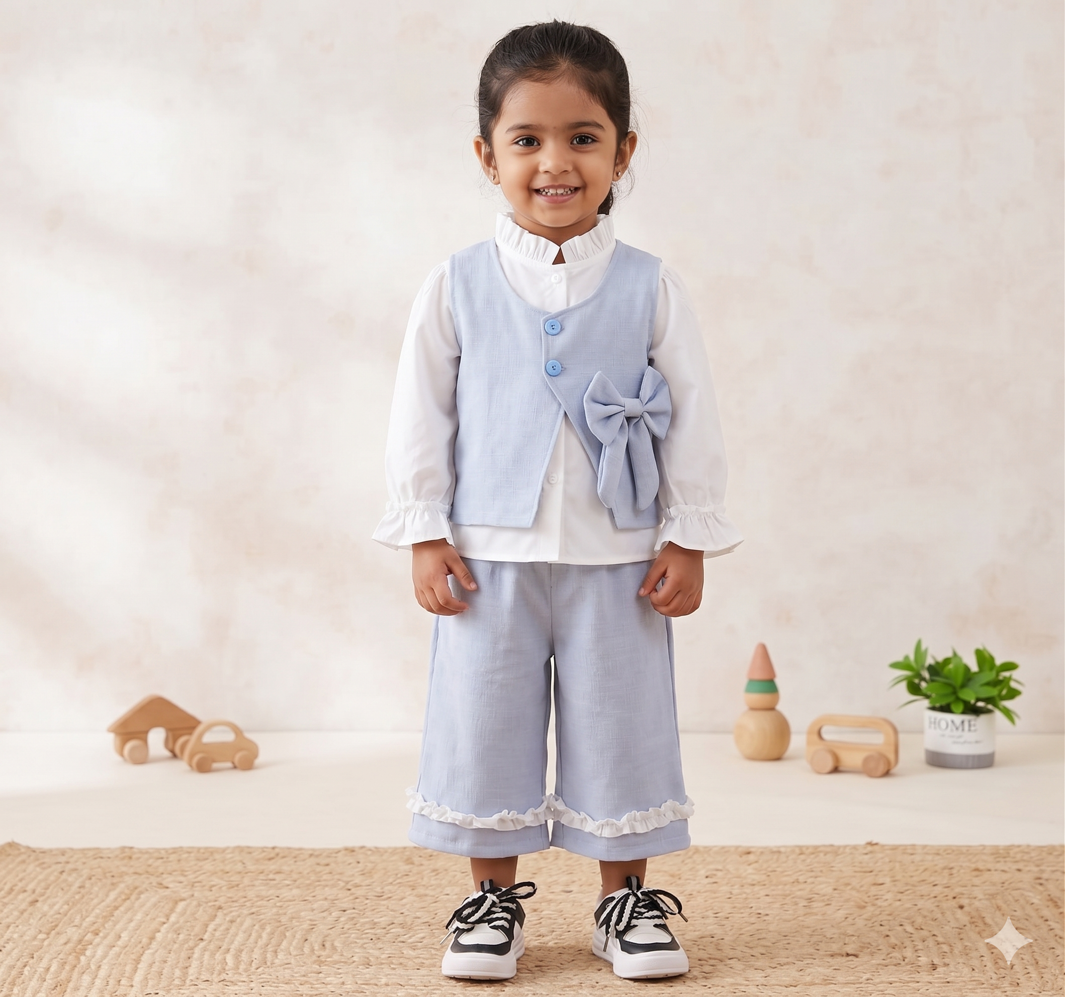 Girls Linen Vest, Ruffle Top & Shorts 3-Piece Party Set | Sweet Bow Accent Outfit (2–7Y)