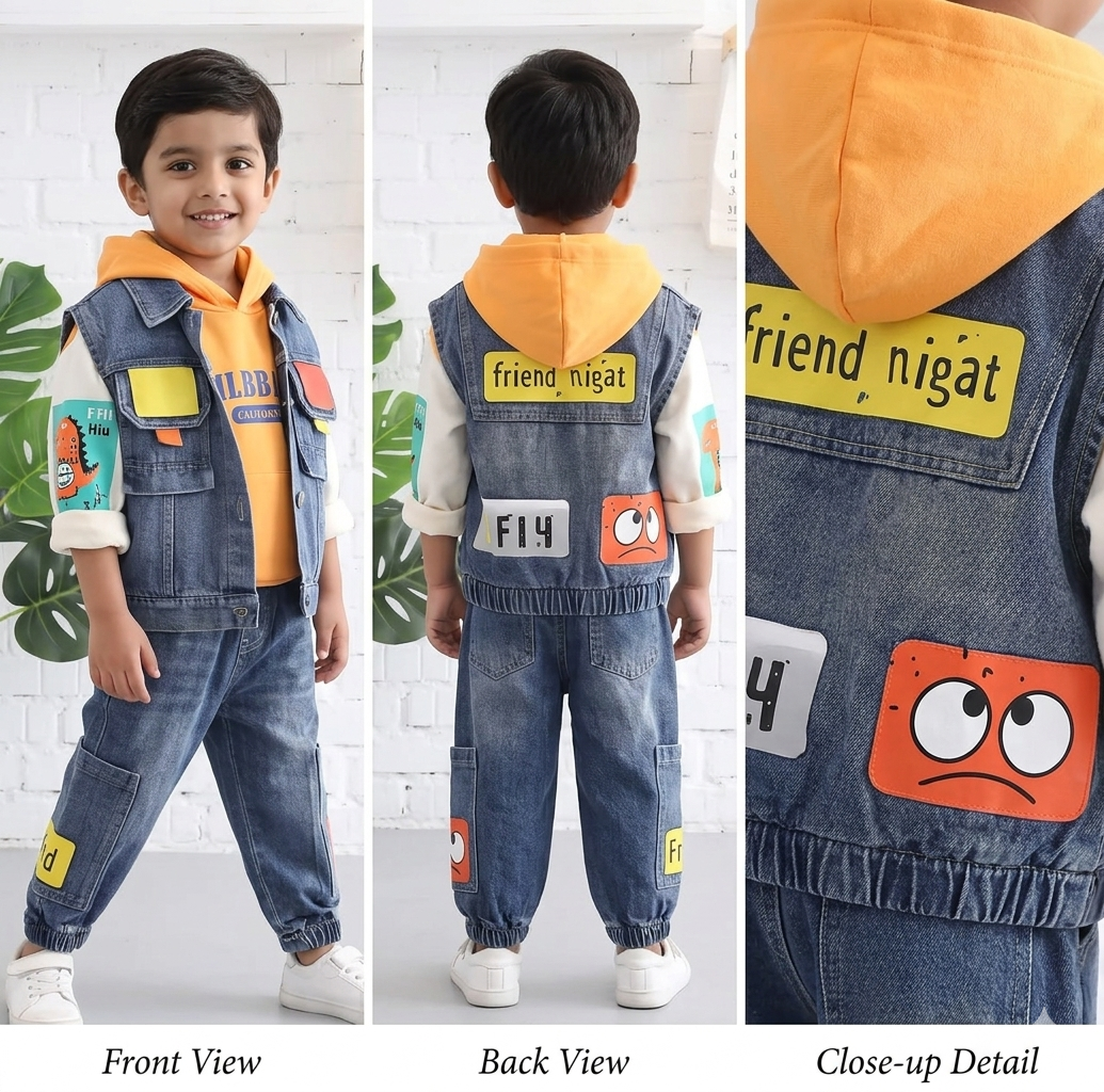 Boys 3-Piece Denim Hooded Suit | Casual Patchwork Cotton Kids Set for Autumn & Winter