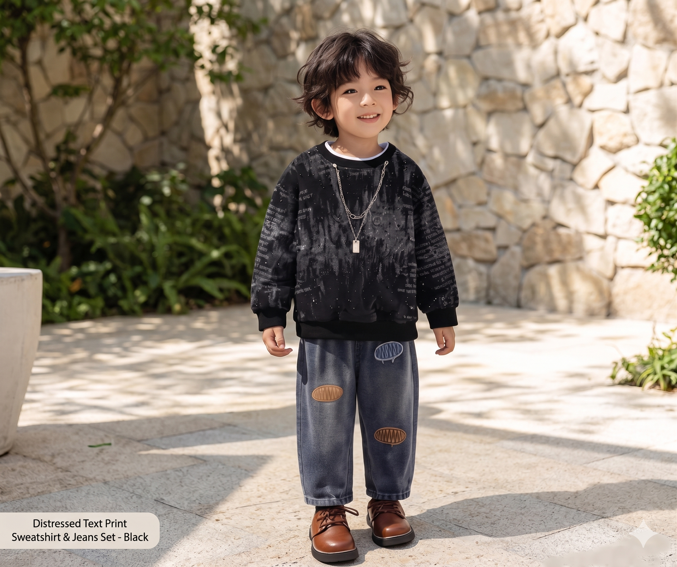 Kids Letter Print Denim 2-Piece Set | Cotton Necklace Top & Long Trousers (All Seasons)