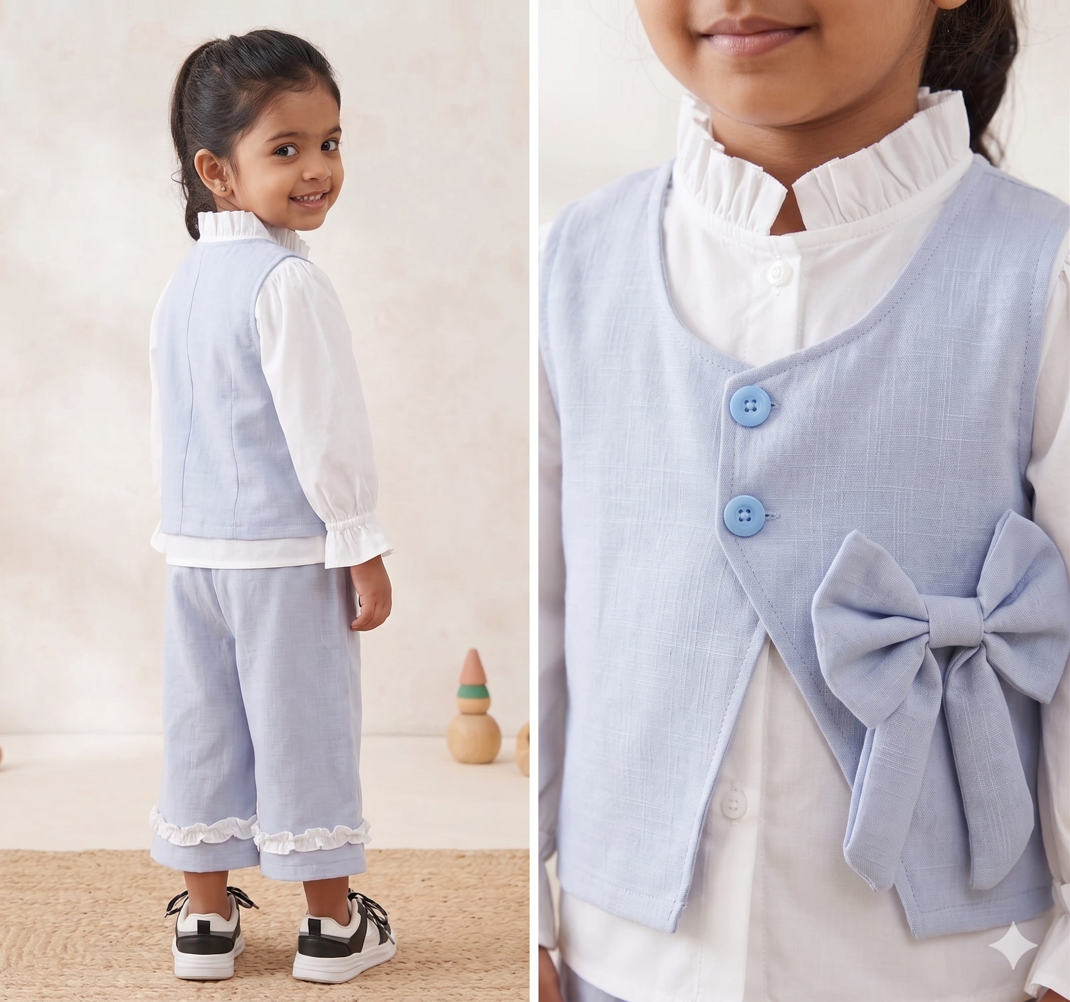 Girls Linen Vest, Ruffle Top & Shorts 3-Piece Party Set | Sweet Bow Accent Outfit (2–7Y)
