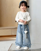 Zooppy Imported Ruffle-Hem Wide-Leg Denim