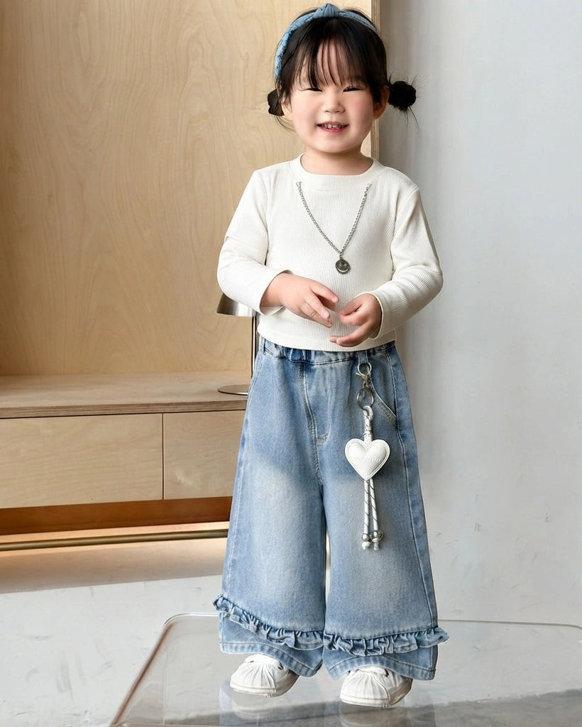 Zooppy Imported Ruffle-Hem Wide-Leg Denim