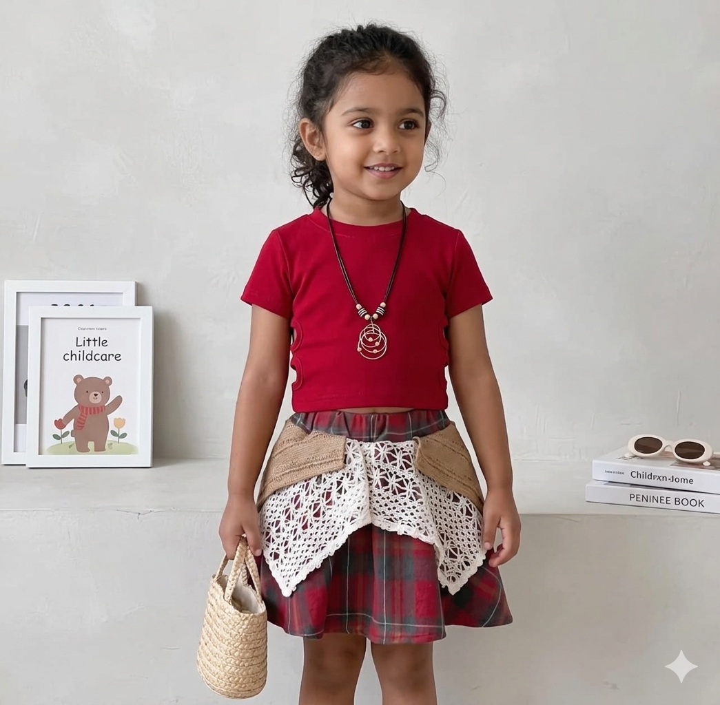 Girls National Style Lace Plaid Skirt Set | 2-Piece Summer T-Shirt & Skirt Outfit