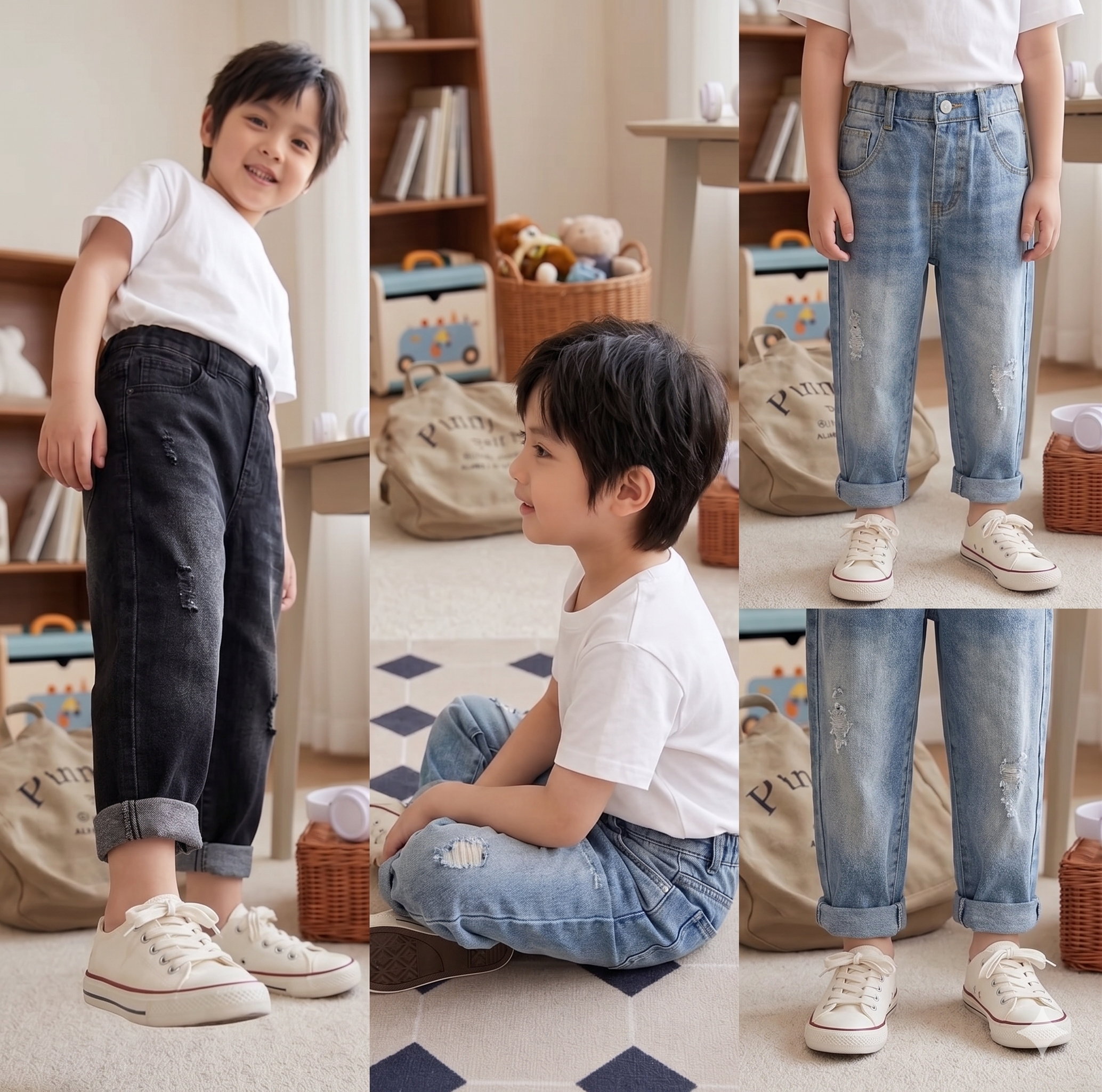 Boys Vintage Washed Ripped Jeans – Korean Style Mid-Rise Elastic Waistband | Kids Denim