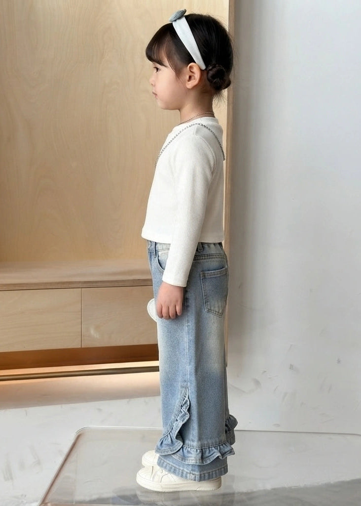 Zooppy Imported Ruffle-Hem Wide-Leg Denim