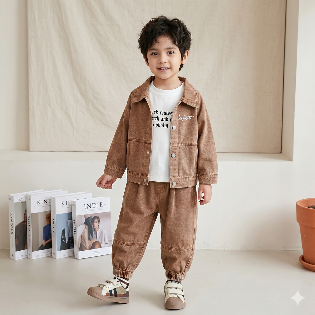 Boys Korean Style Embroidered Denim Hoodie 3-Piece Set | Autumn Kids Outfit (2–7Y)