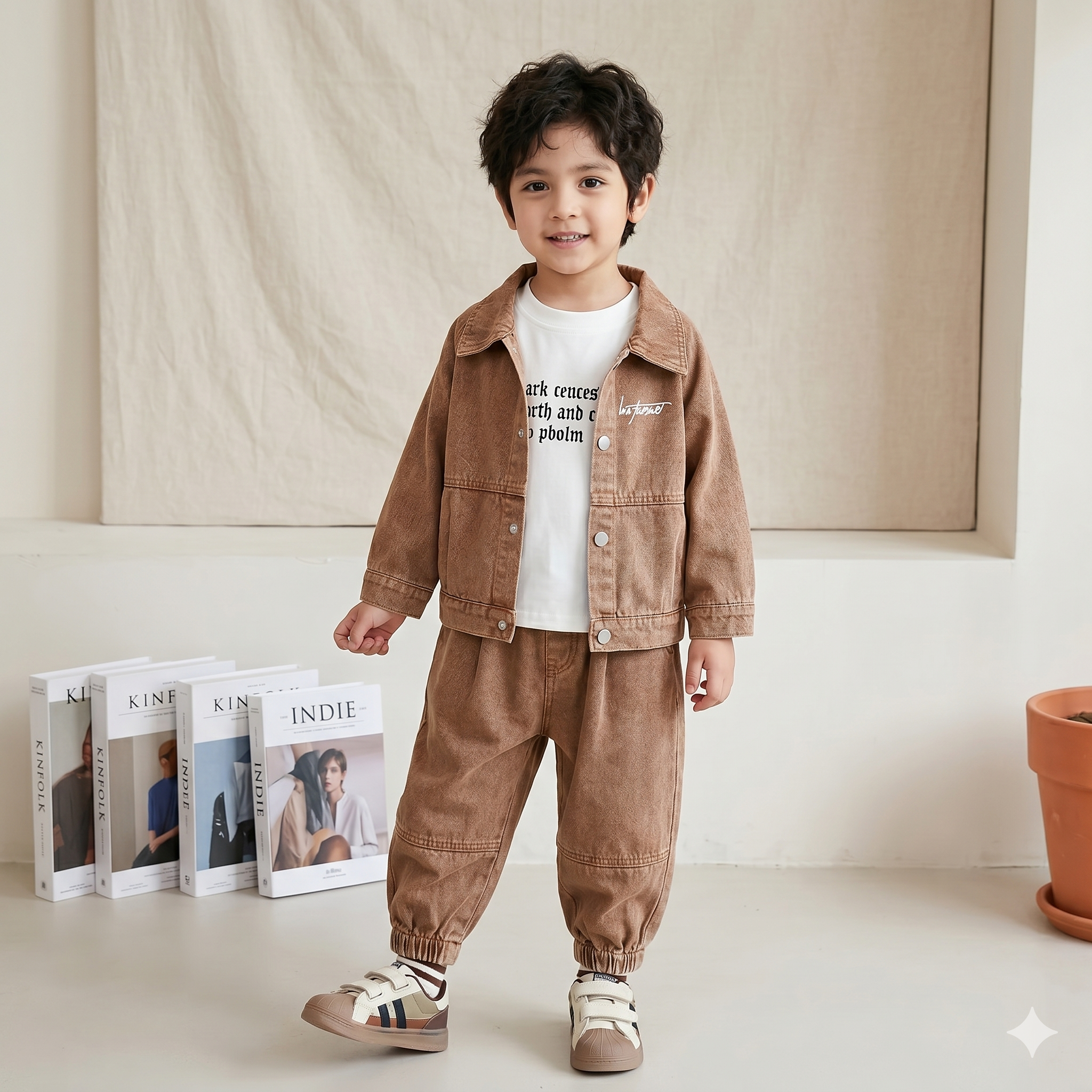 Boys Korean Style Embroidered Denim Hoodie 3-Piece Set | Autumn Kids Outfit (2–7Y)
