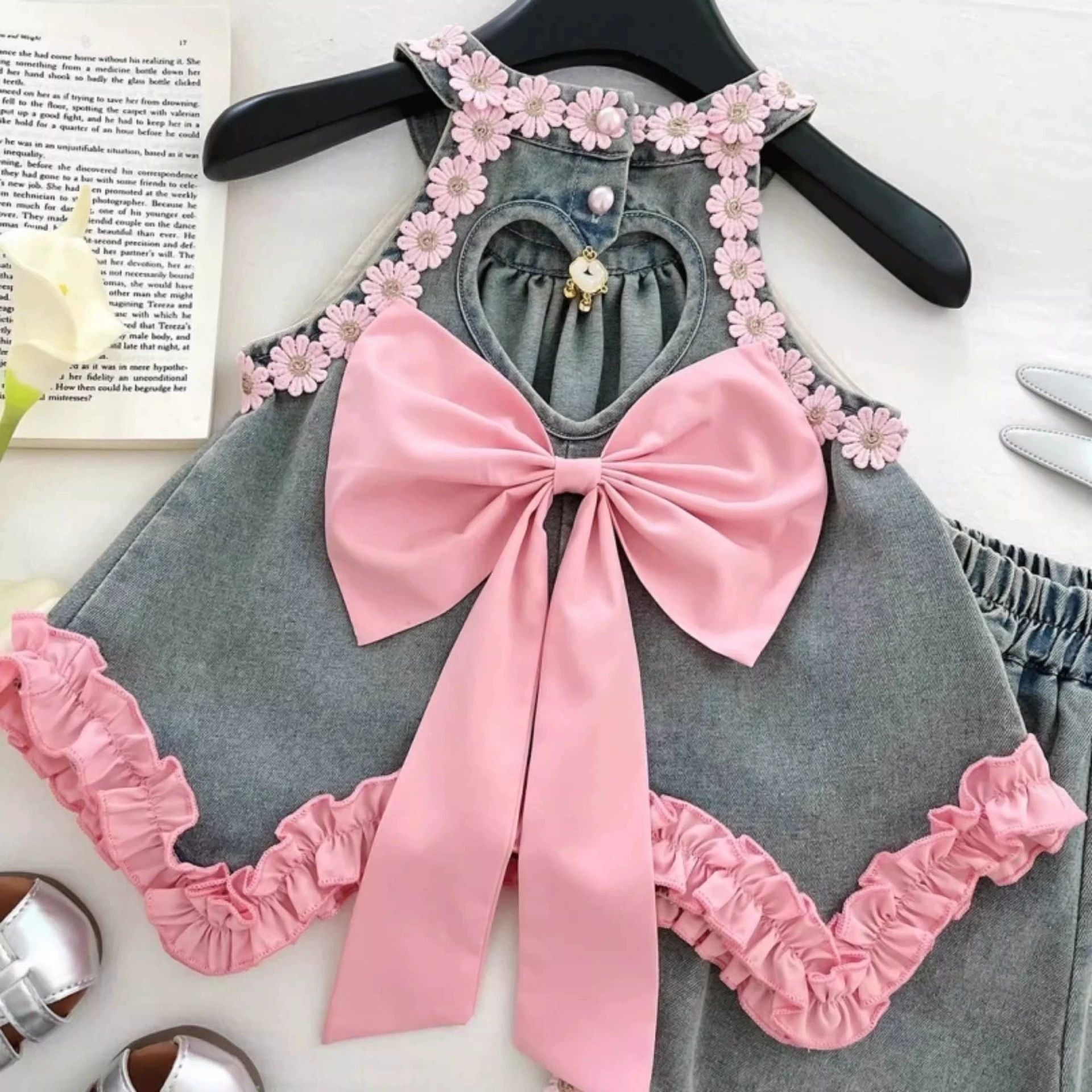 Girls Lace Halter Top & Denim Skirt Set | 2-Piece Kids Fashion Outfit