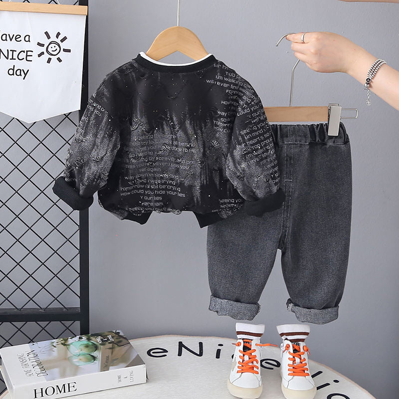 Kids Letter Print Denim 2-Piece Set | Cotton Necklace Top & Long Trousers (All Seasons)