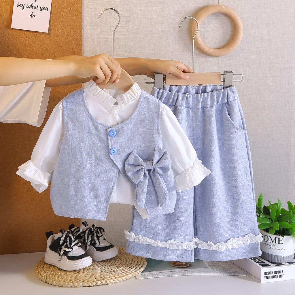 Girls Linen Vest, Ruffle Top & Shorts 3-Piece Party Set | Sweet Bow Accent Outfit (2–7Y)