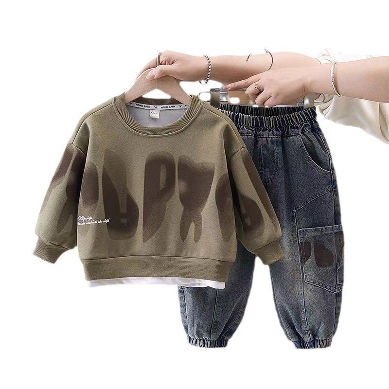Boys Cartoon Print Sweatshirt & Jeans Set | Trendy 2-Piece Kids Spring Outfit