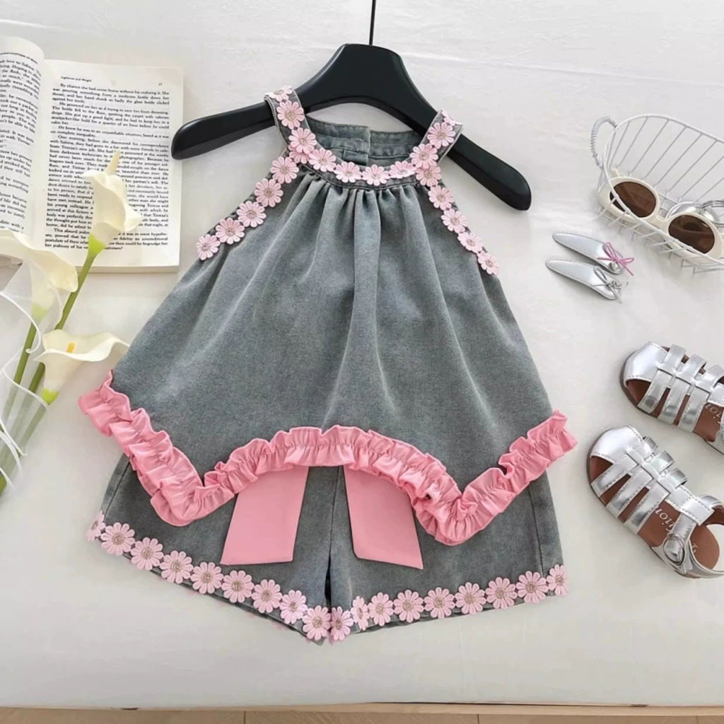 Girls Lace Halter Top & Denim Skirt Set | 2-Piece Kids Fashion Outfit