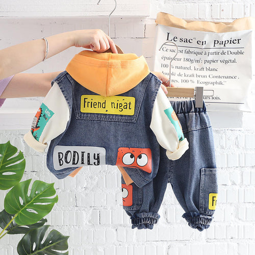 Boys 3-Piece Denim Hooded Suit | Casual Patchwork Cotton Kids Set for Autumn & Winter