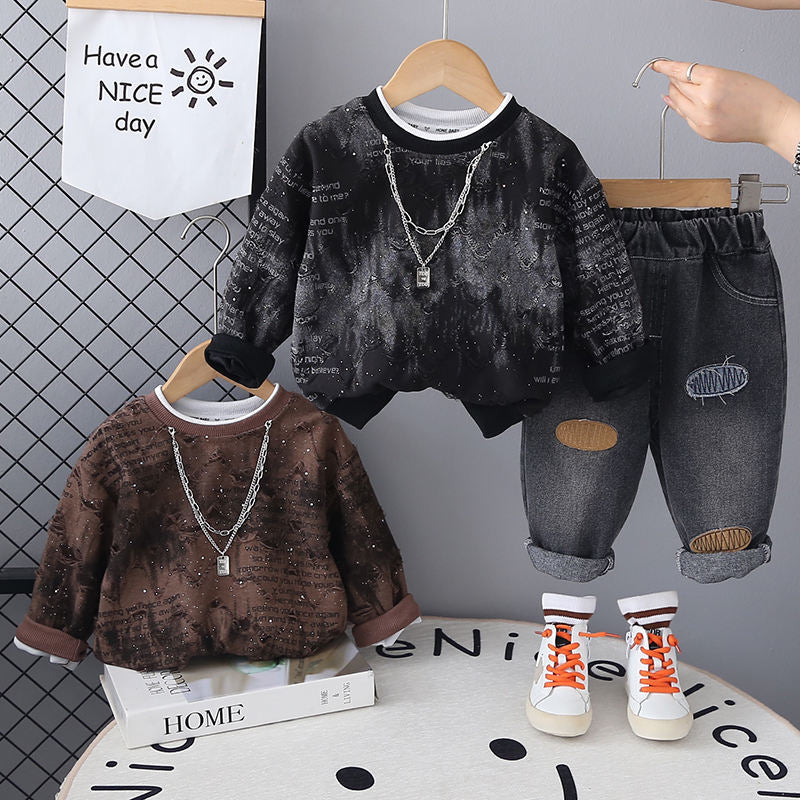Kids Letter Print Denim 2-Piece Set | Cotton Necklace Top & Long Trousers (All Seasons)
