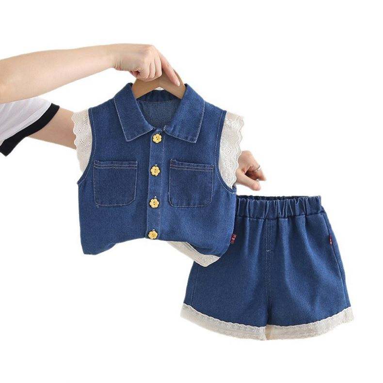 Girls Preppy Denim Vest & Short Sleeve Outfit | Summer Fashion Set for Kids