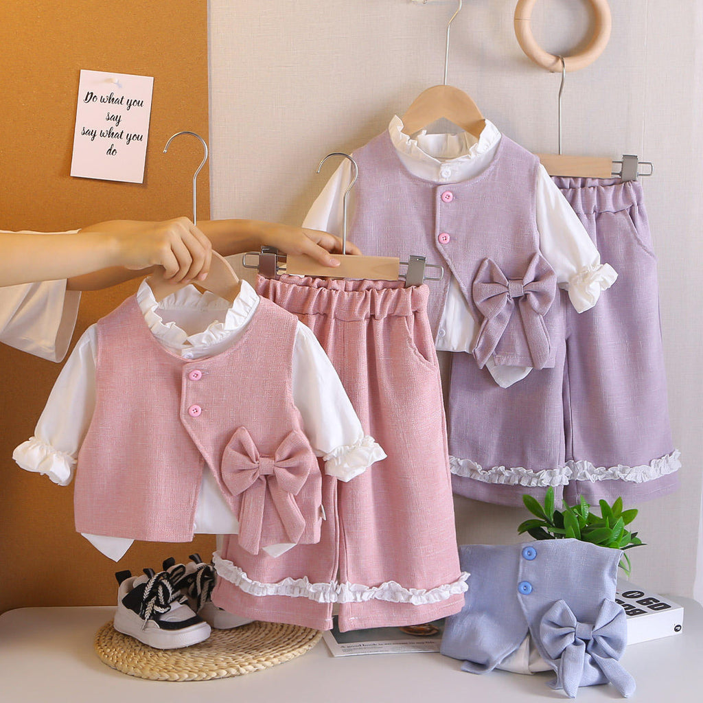 Girls Linen Vest, Ruffle Top & Shorts 3-Piece Party Set | Sweet Bow Accent Outfit (2–7Y)