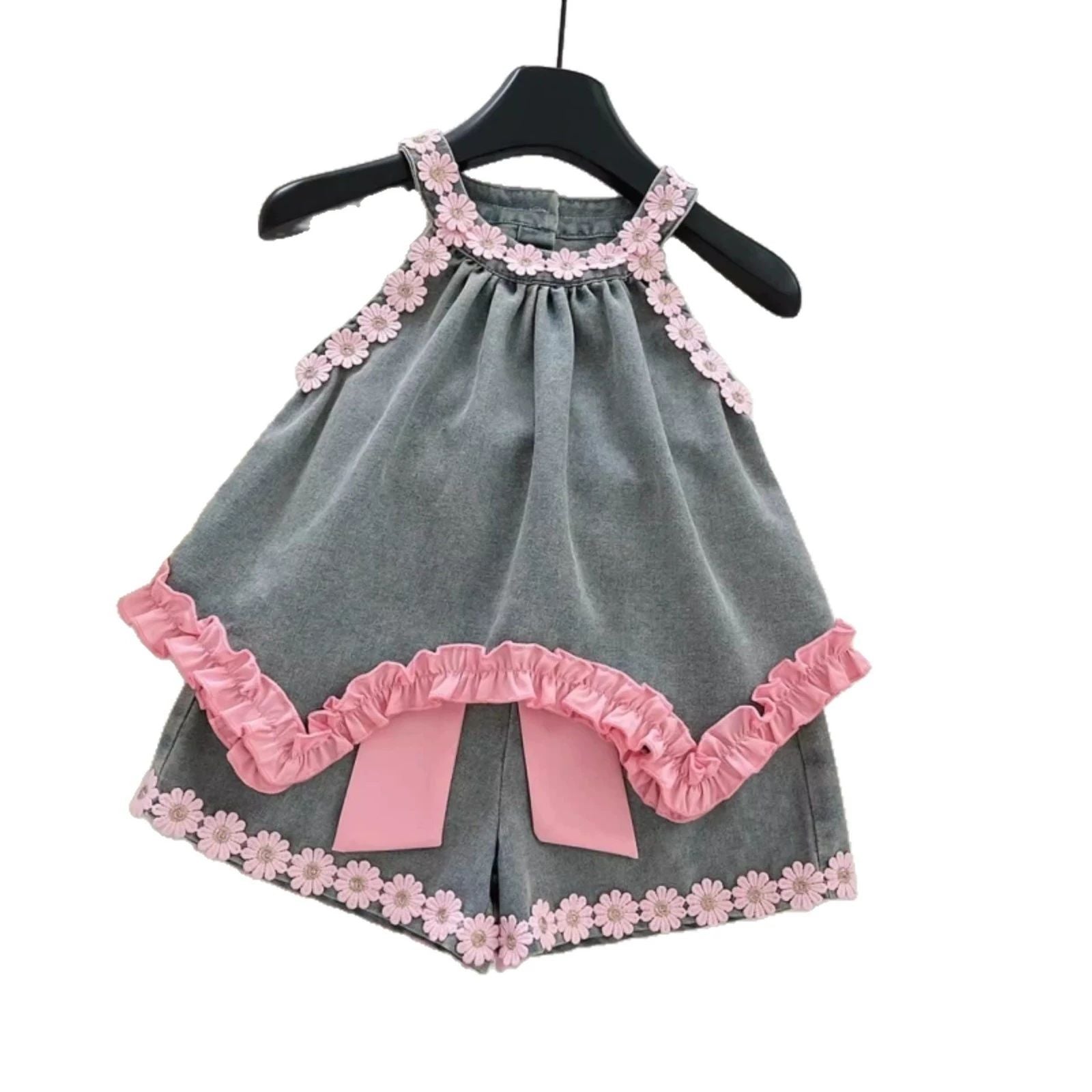 Girls Lace Halter Top & Denim Skirt Set | 2-Piece Kids Fashion Outfit