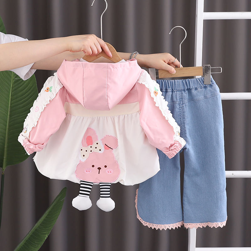 Girls 3D Rabbit Hooded Jacket 3-Piece Set | Cute Cartoon Kids Outfit (18M–7Y)