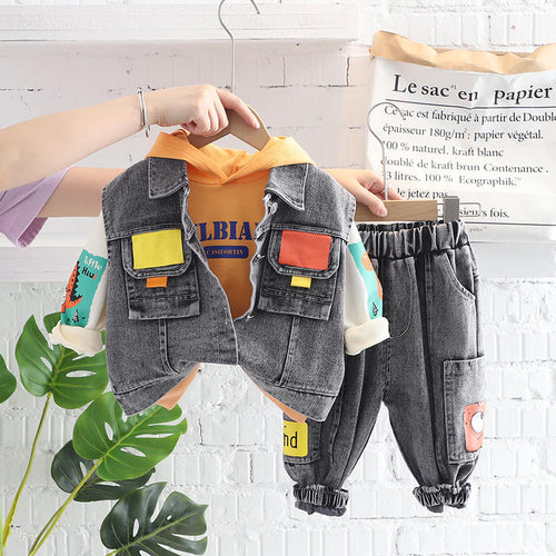 Boys 3-Piece Denim Hooded Suit | Casual Patchwork Cotton Kids Set for Autumn & Winter