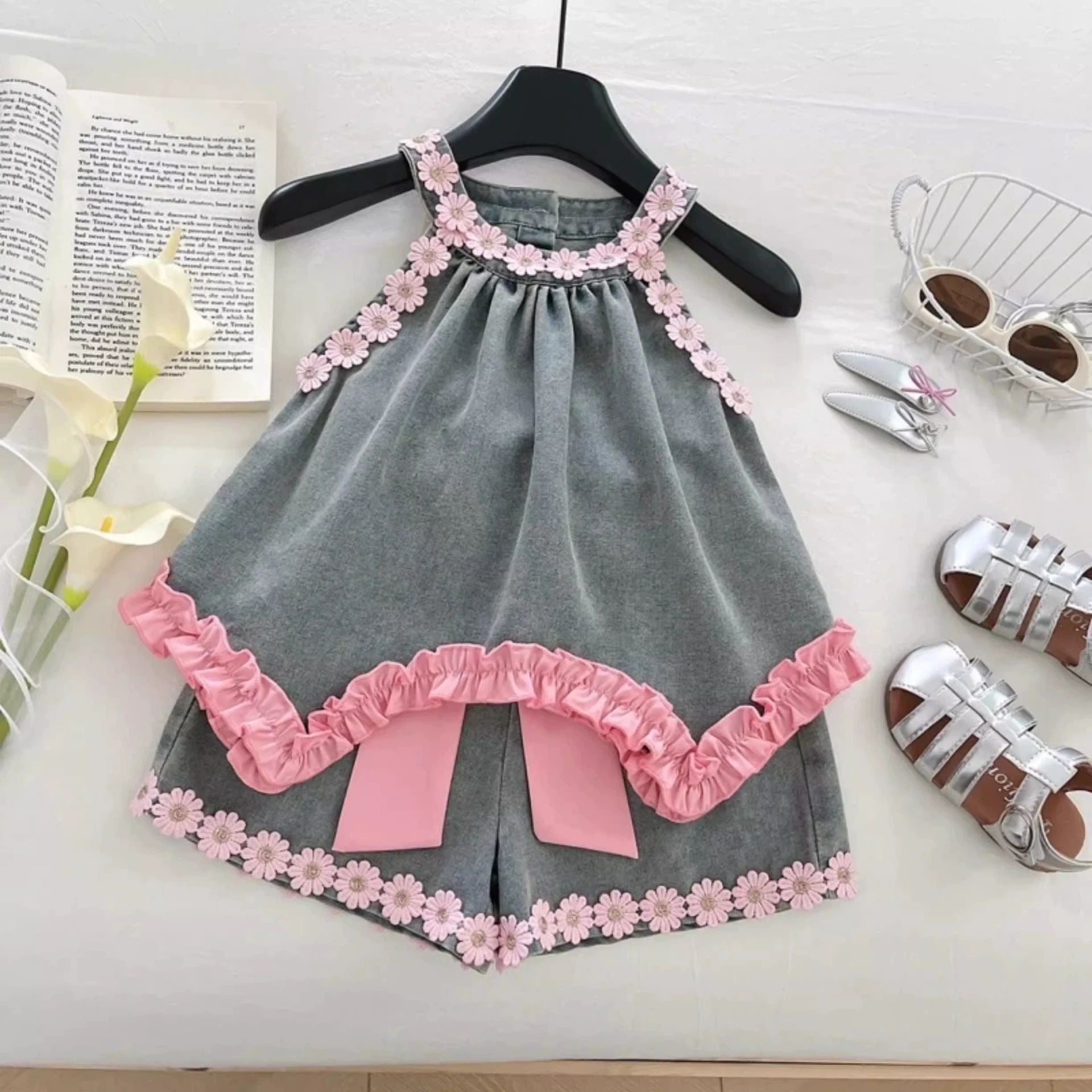 Girls Lace Halter Top & Denim Skirt Set | 2-Piece Kids Fashion Outfit
