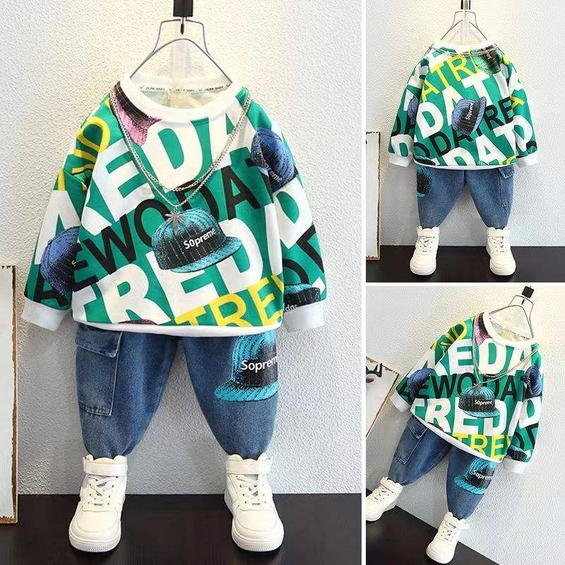Boys Trendy Sweatshirt & Jeans 2-Piece Set | Casual Spring & Autumn Kids Outfit (18M–6Y)