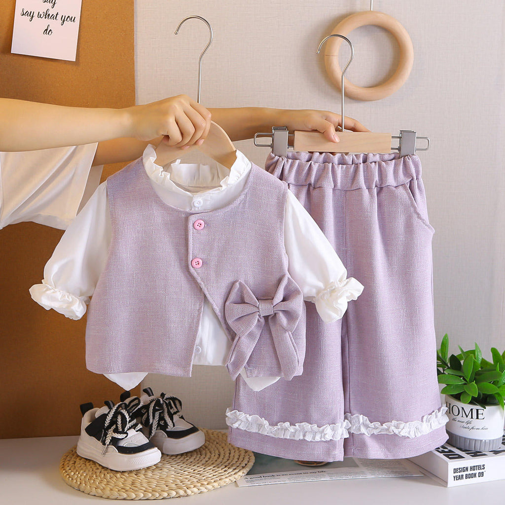 Girls Linen Vest, Ruffle Top & Shorts 3-Piece Party Set | Sweet Bow Accent Outfit (2–7Y)