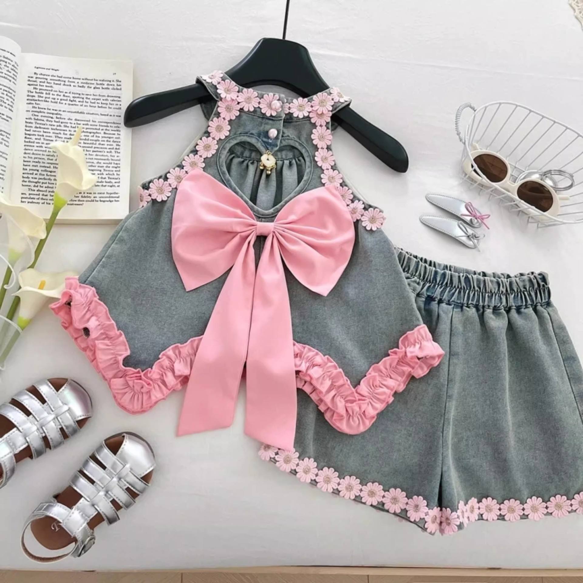 Girls Lace Halter Top & Denim Skirt Set | 2-Piece Kids Fashion Outfit