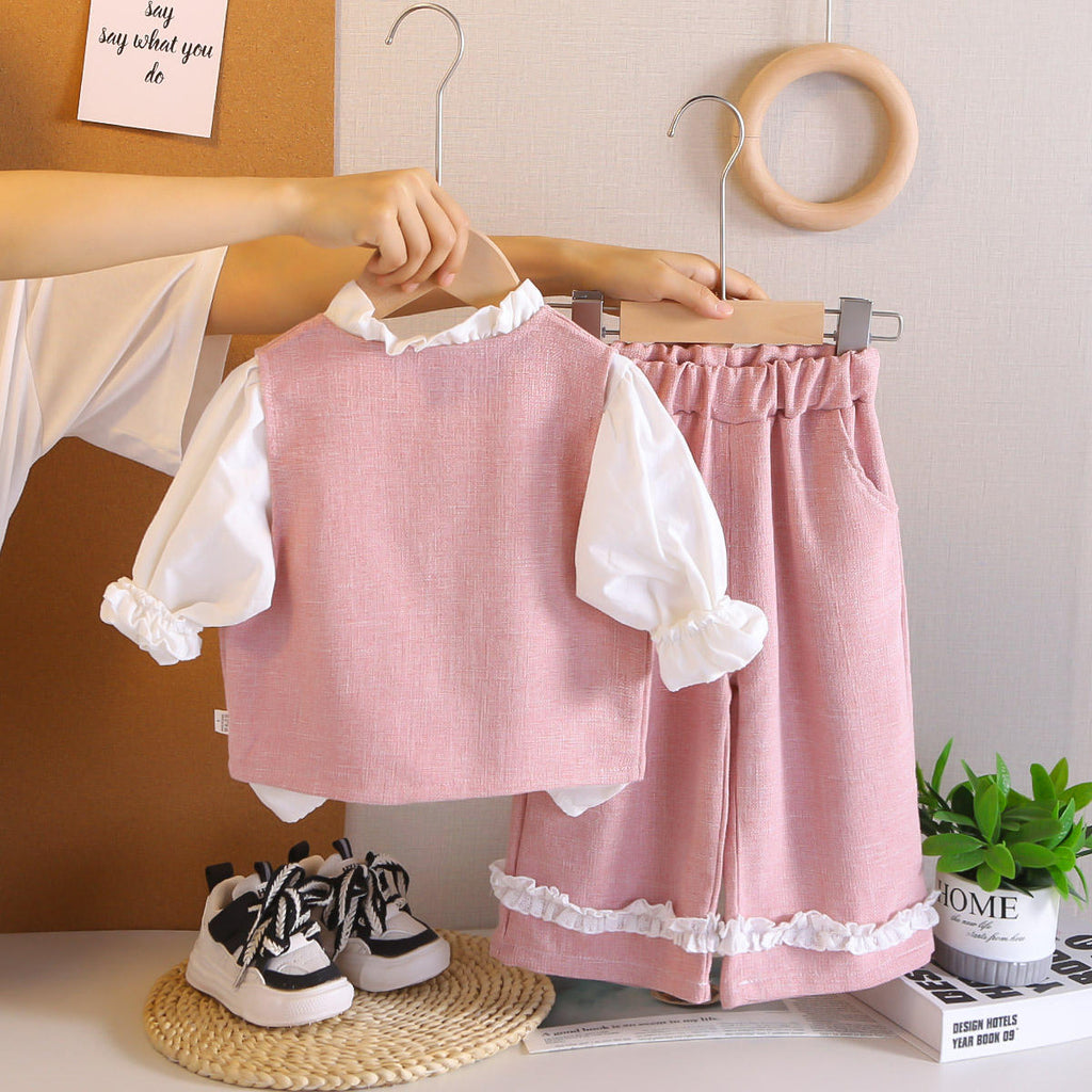 Girls Linen Vest, Ruffle Top & Shorts 3-Piece Party Set | Sweet Bow Accent Outfit (2–7Y)