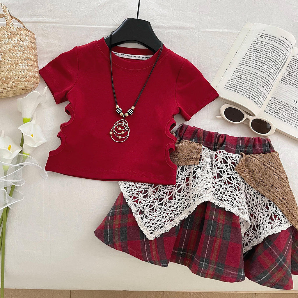 Girls National Style Lace Plaid Skirt Set | 2-Piece Summer T-Shirt & Skirt Outfit