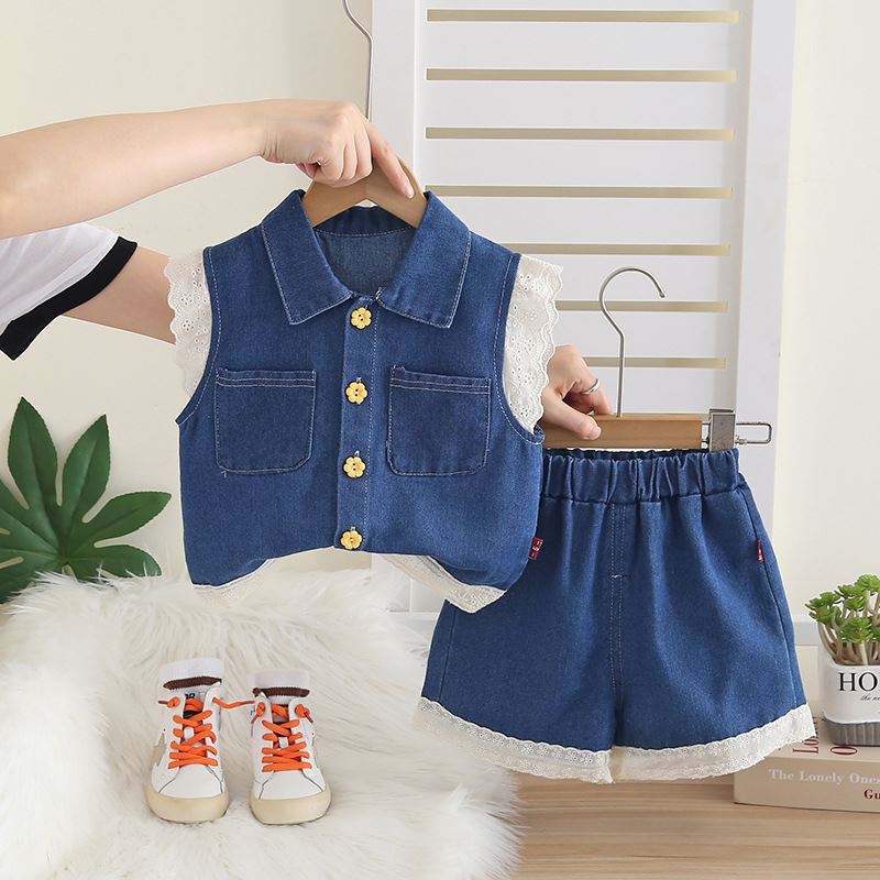 Girls Preppy Denim Vest & Short Sleeve Outfit | Summer Fashion Set for Kids