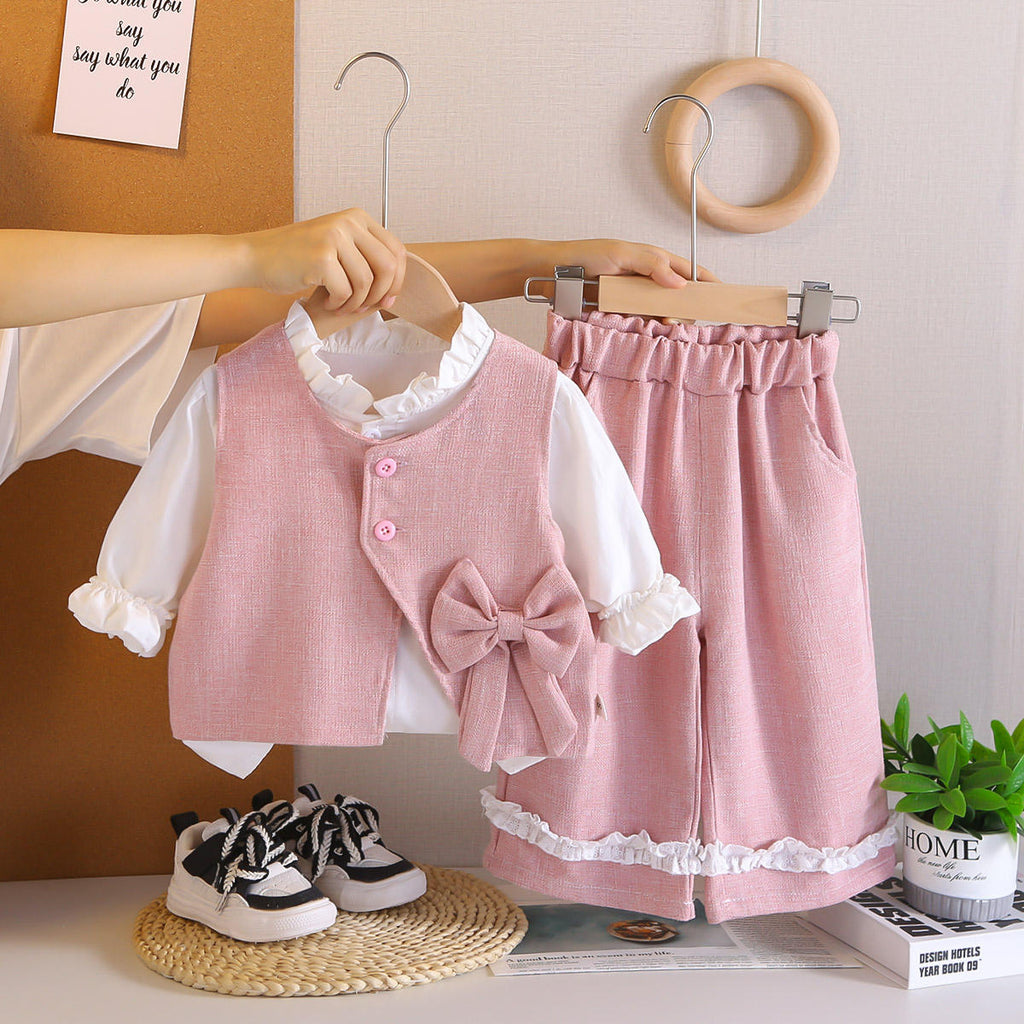 Girls Linen Vest, Ruffle Top & Shorts 3-Piece Party Set | Sweet Bow Accent Outfit (2–7Y)