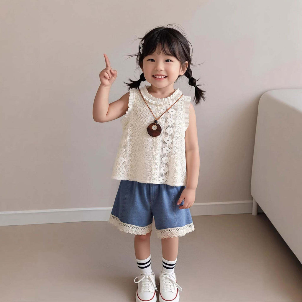 Girls Jacquard Vest & Ruffle Shorts Set | 2-Piece Summer Kids Outfit 2026