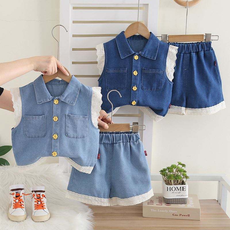 Girls Preppy Denim Vest & Short Sleeve Outfit | Summer Fashion Set for Kids