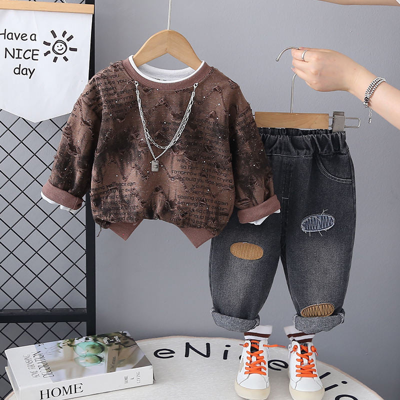 Kids Letter Print Denim 2-Piece Set | Cotton Necklace Top & Long Trousers (All Seasons)