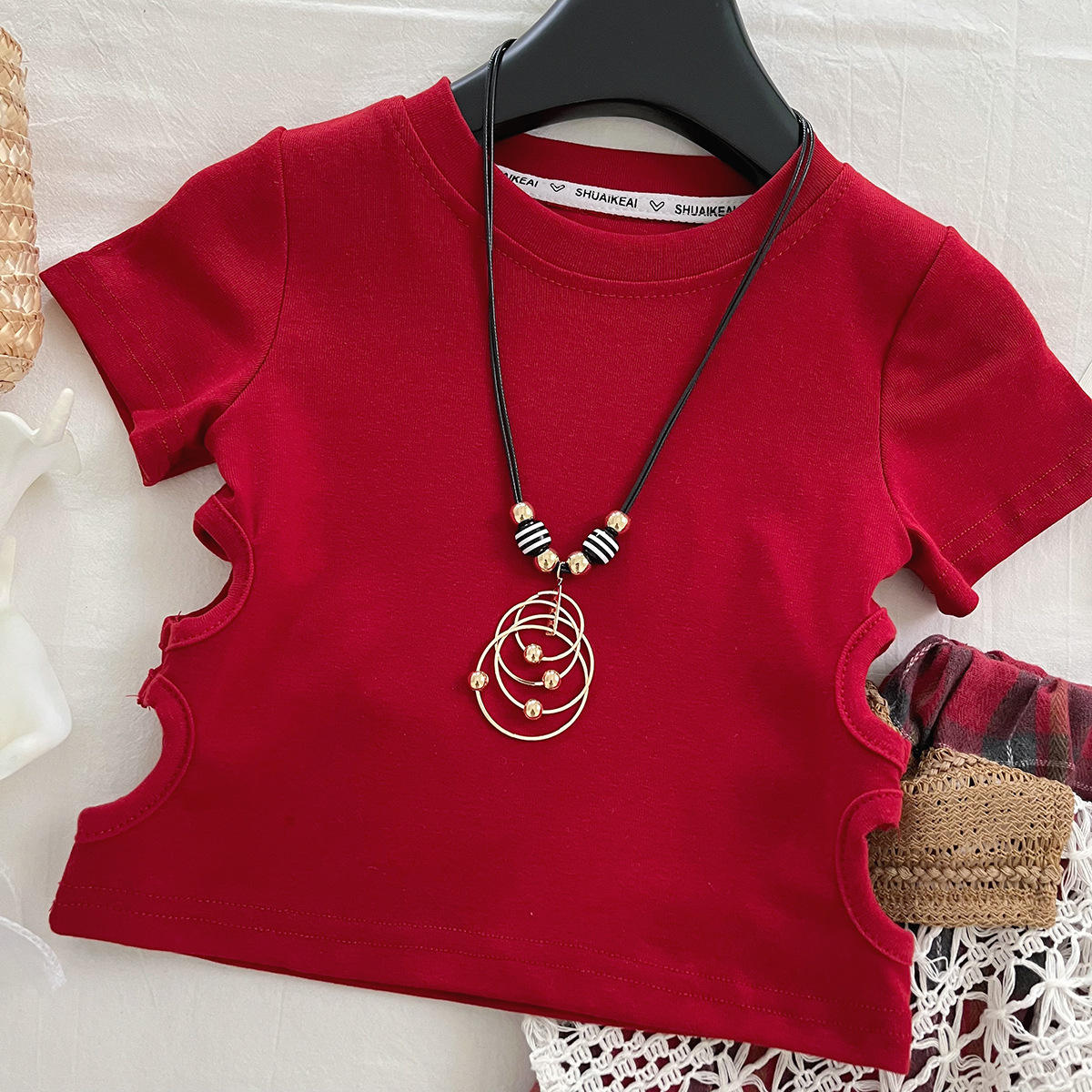 Girls National Style Lace Plaid Skirt Set | 2-Piece Summer T-Shirt & Skirt Outfit