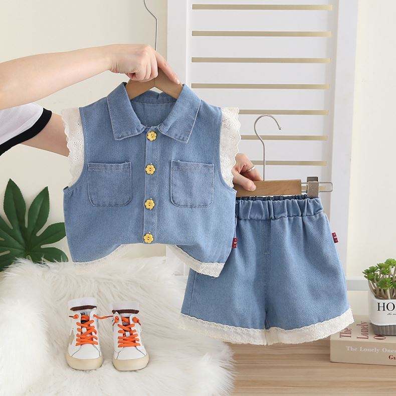 Girls Preppy Denim Vest & Short Sleeve Outfit | Summer Fashion Set for Kids