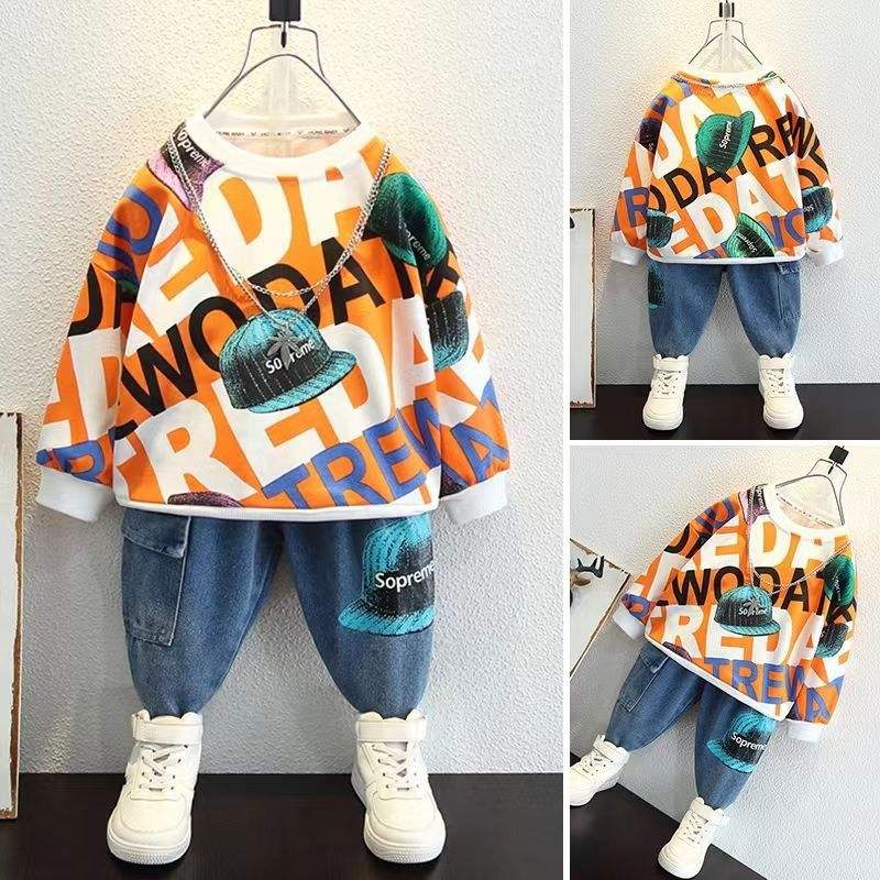 Boys Trendy Sweatshirt & Jeans 2-Piece Set | Casual Spring & Autumn Kids Outfit (18M–6Y)