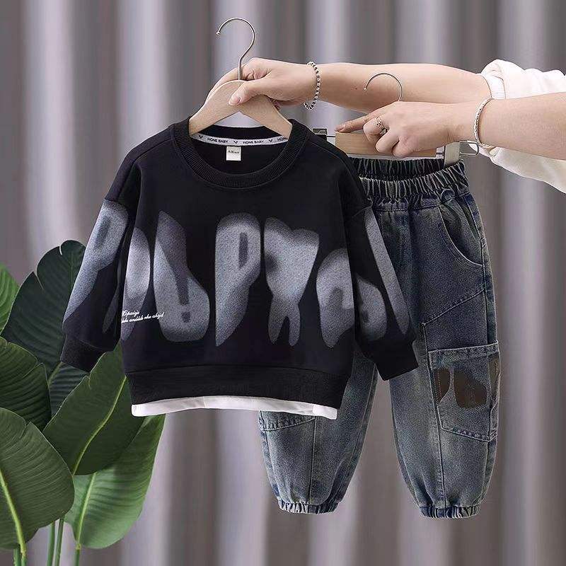 Boys Cartoon Print Sweatshirt & Jeans Set | Trendy 2-Piece Kids Spring Outfit