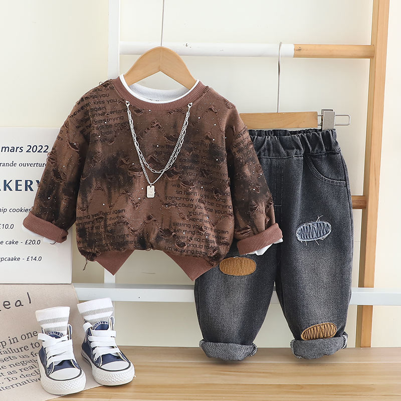 Kids Letter Print Denim 2-Piece Set | Cotton Necklace Top & Long Trousers (All Seasons)