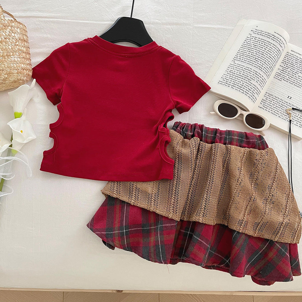 Girls National Style Lace Plaid Skirt Set | 2-Piece Summer T-Shirt & Skirt Outfit