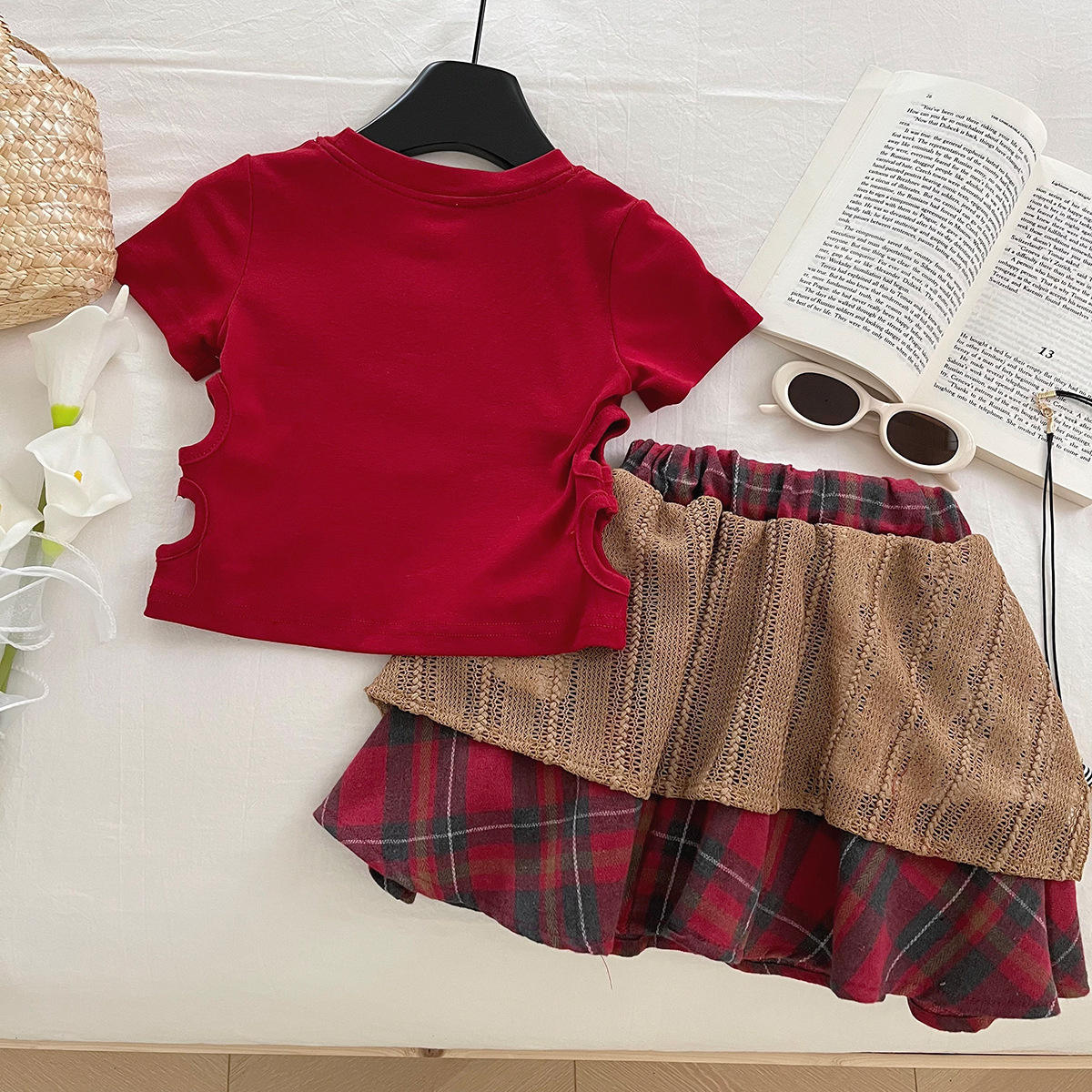 Girls National Style Lace Plaid Skirt Set | 2-Piece Summer T-Shirt & Skirt Outfit