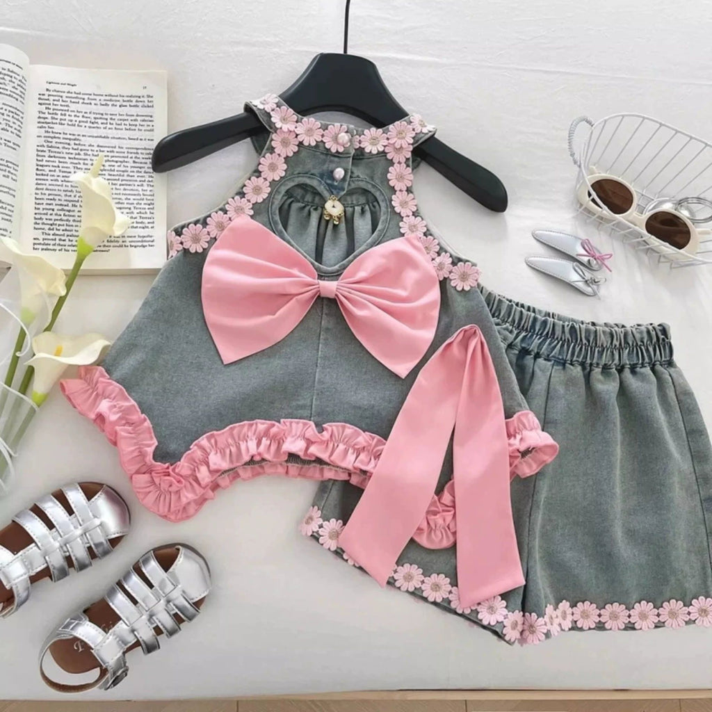 Girls Lace Halter Top & Denim Skirt Set | 2-Piece Kids Fashion Outfit