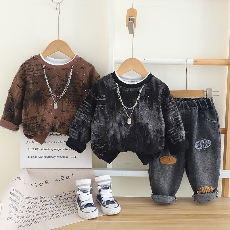 Kids Letter Print Denim 2-Piece Set | Cotton Necklace Top & Long Trousers (All Seasons)